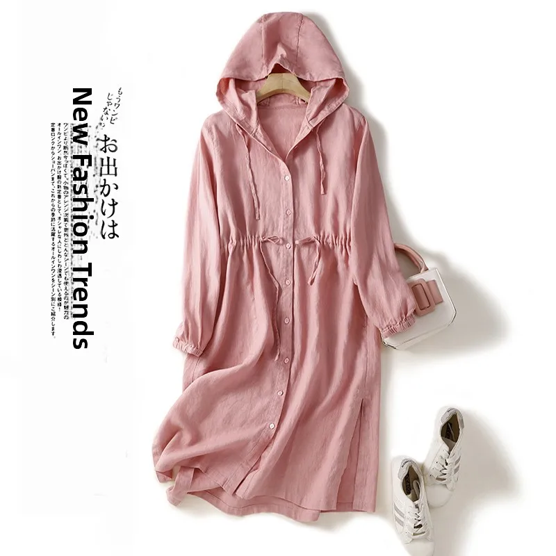 

Linen Hooded Windbreaker Women's Faion Sun Protection Coat Thin Outerwear Autumn Long Sve Straight Cut Regular Thin