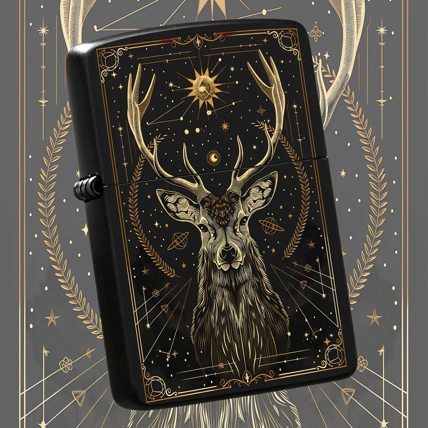 Vintage Gold Celestial Deer Lighter, Mystical Astrology Stag Art Pattern Decorative Lighter, Aesthetic Dark Goldenthemed Portable Lighter, Ideal For Daily Use Outdoor Camping Gifting And Personal Collection For All Occa A Humorous And Inter