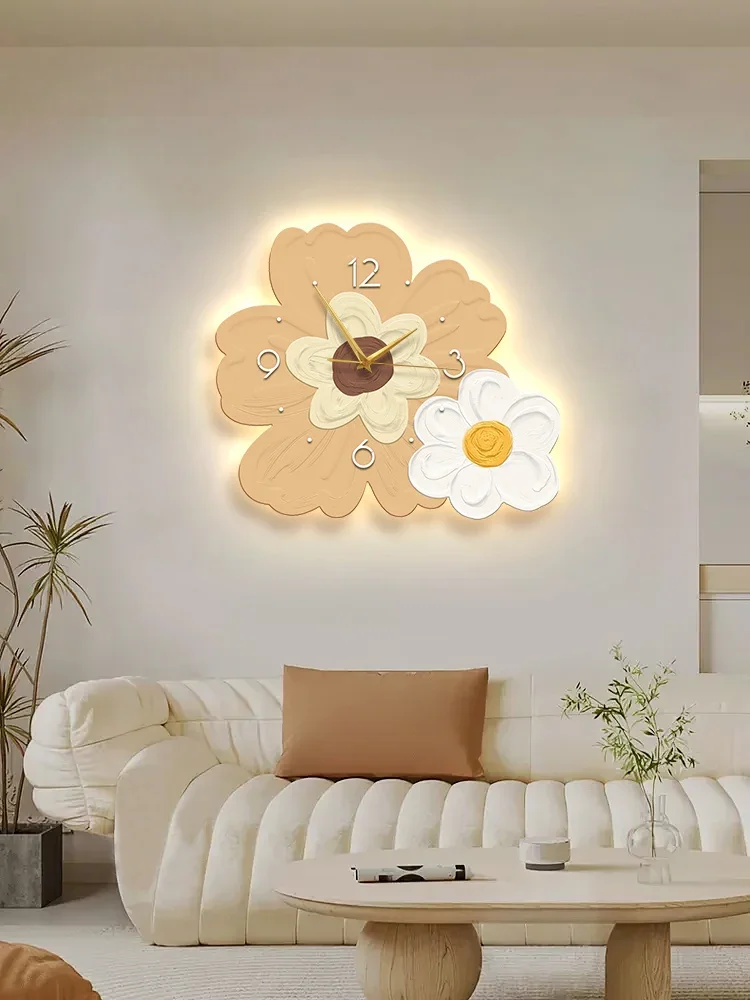 Small fresh living room clock decorative painting led light painting wall lamp cream wind restaurant hanging wall flower clock