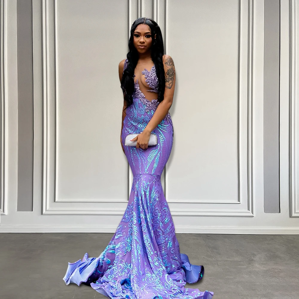 

Lavender Fitted Sparkling Sequin Prom Gowns for Black Girls Luxury Crystals Beaded Mermaid Purple Formal Gala Dresses Customized