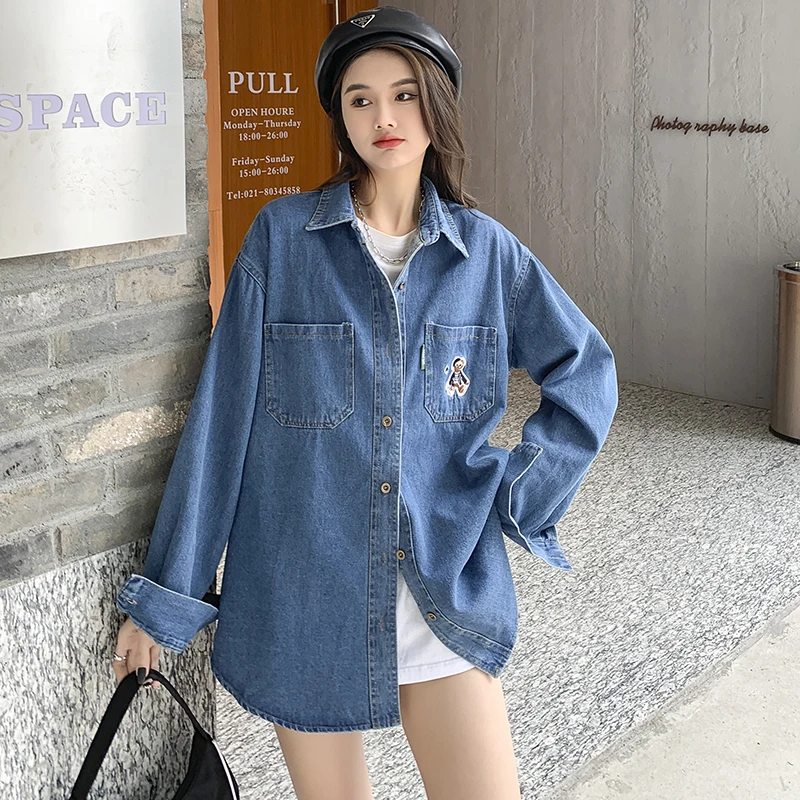 

Spring Korean Style Fashion Embroidery Pocket Elegant Denim Women Blouses Casual Tops Z143