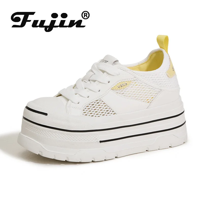 

Fujin 8cm Air Mesh Microfiber Leather High Brand Comfy Chunky Sneaker Lace Up Shoes Sandals Women Platform Wedge Fashion Summer