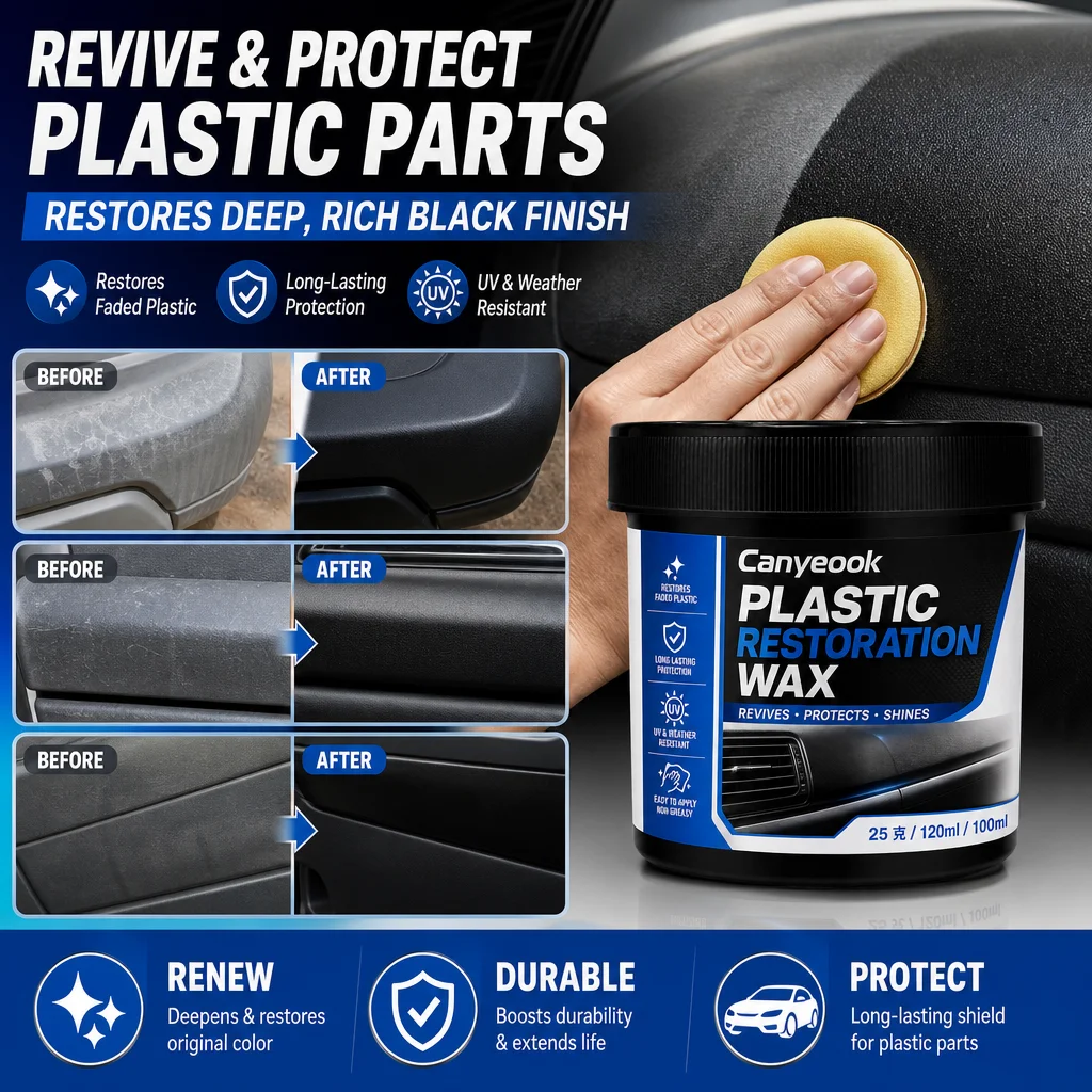 CANYEOOK Black Plastic Restorer Wax - Restores Faded Trim Color, Durable Protection, Anti-Aging & Wear-Resistant for Cars 150g