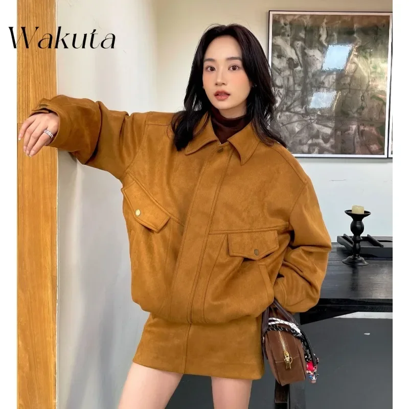 WAKUTA Korean Retro Versatile Lapel Loose Long-sleeved Jacket Chic A-line Half-body Dress Short Skirt Fall Matching Sets 니트 스커트