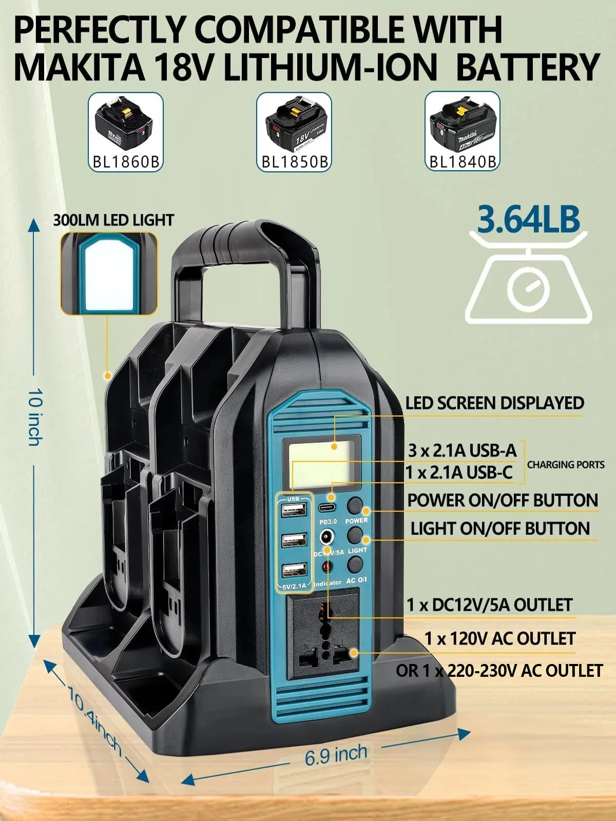 Convertitore di potenza da 350 W per batteria Makita 18 V 4 porte da CC 18 V a CA 110-120 V/220-230 V Convertitore di batteria a onda sinusoidale pura con 3 porte USB-A 1 porta USB-C Luce LED da 300 lm per campeggio Vi