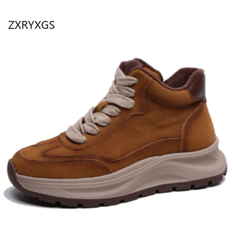 

ZXRYXGS Top Layer Frosted Cowhide Women Leather Sneakers Trendy Boots Single Shoes 2025 Autumn Winter Sneakers Flat Thick Sole