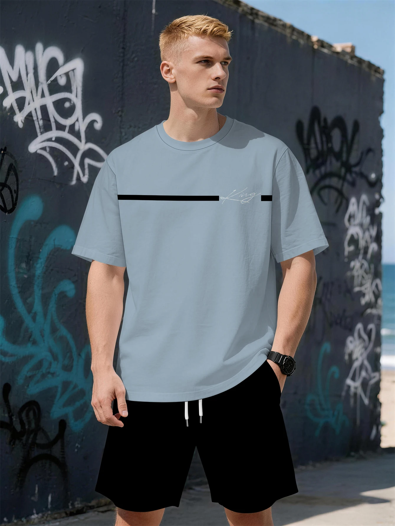 

2026 Summer New Men's Short-Sleeved Set with 3D Letter Pattern Print - Street Casual Fashion Breathable and Comfortable