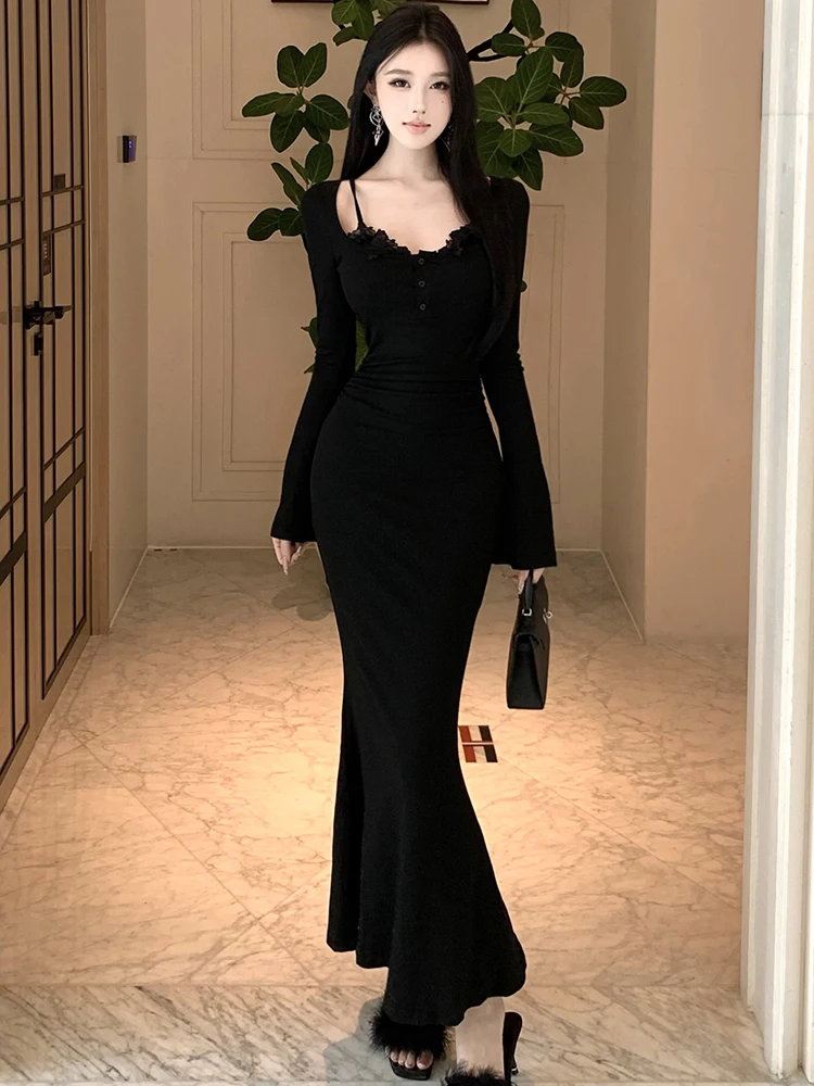 فساتين مثيرة للنساء ذات ياقة مربعة من الدانتيل باللون الأسود لعام 2025 قماش هيبورن للحفلات الراقصة للخريف والشتاء فساتين حفلات كورية فاخرة