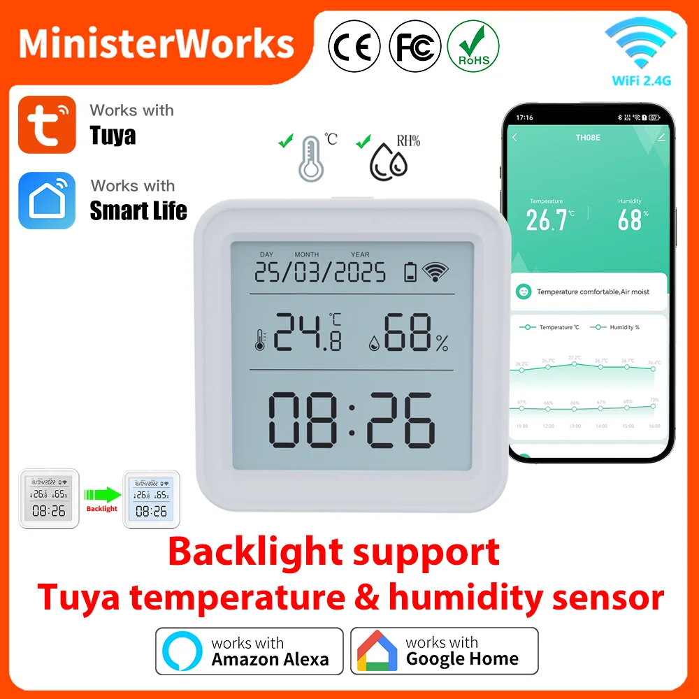 

Tuya WIFI Temperature Humidity Sensor Smart Hygrometer Thermometer Backlight Smart Life APP Support Alexa Google Assistant