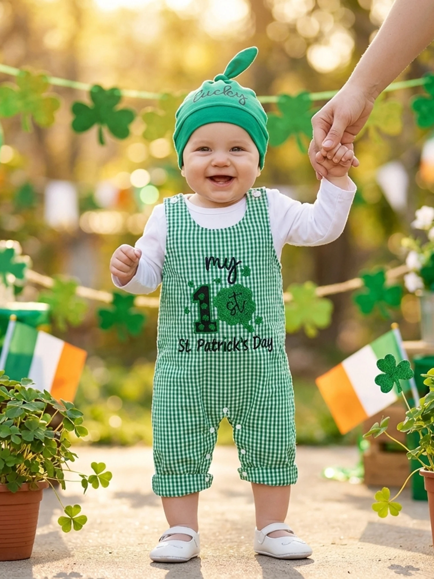 

Stylish Baby Boy Irish Ensemble with Long Sleeve Romper Plaid Clover Overall Pants and Knotted Hat - 3 Piece Spring Set for a