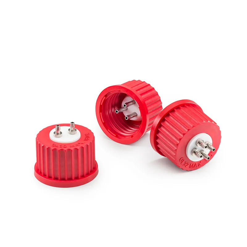 DURAN® GL 32 Multiport Connector Screw Cap, PBT, red, for peristaltic tubing, with 2, 3, or 4 tubing connectors