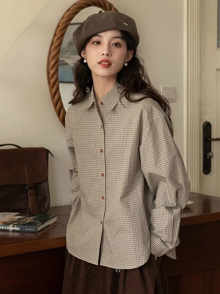 

Jmprs Винтажная японская клетчатая рубашка женская повседневная свободная блузка с длинным рукавом милая ретро женская консервативный стиль весенние универсальные топы новые