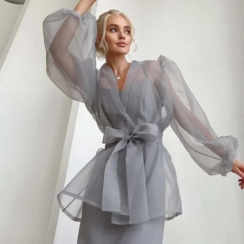 

Fmxires New Sheer Mesh Cover Up Beach Women Loose Long Sleeve V Neck Lace Shirts Ladies Summer Sexy See Through Bandage Cover-up