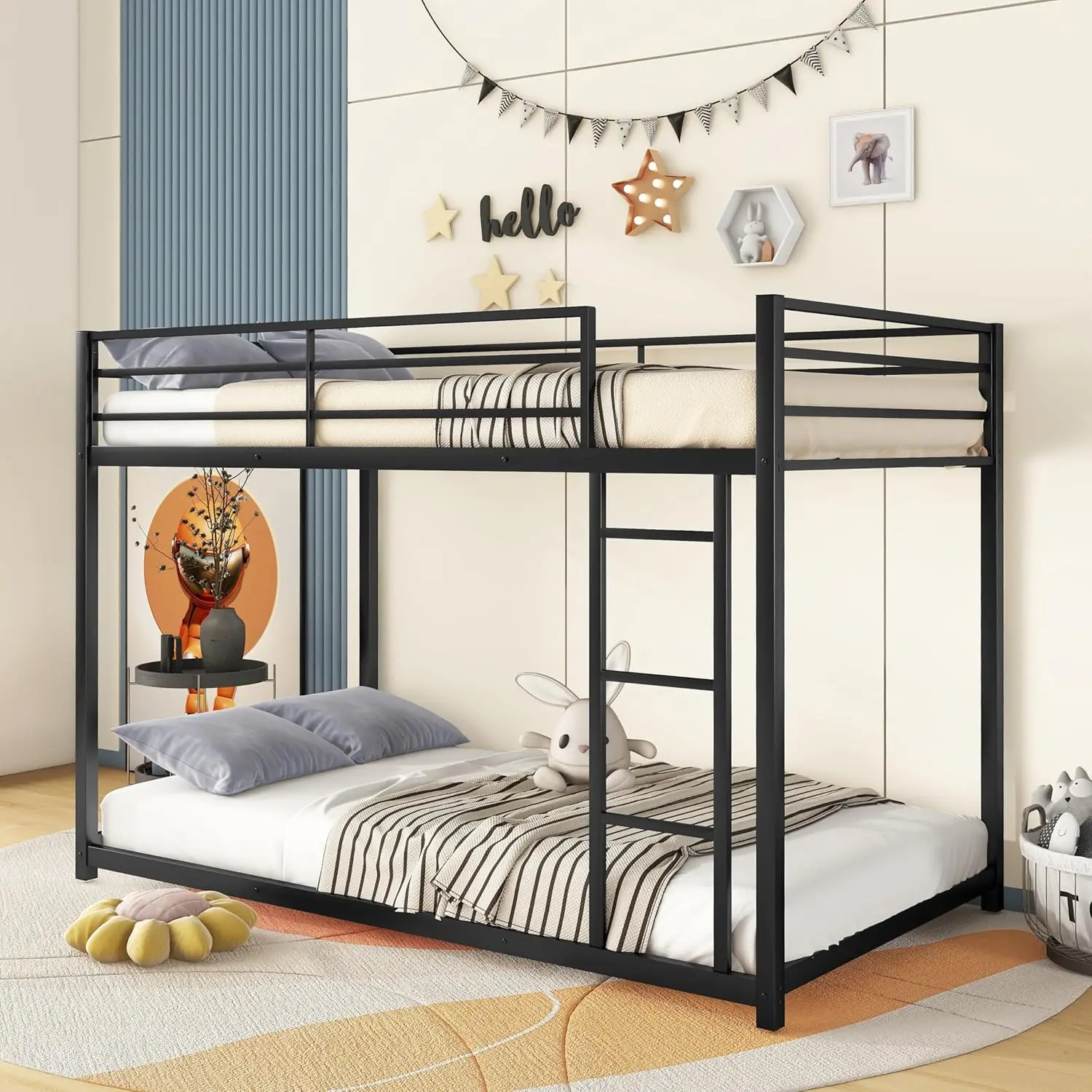 Twin Over Twin Metal Bunk Bed for Kids Floor Bunk Bed Frame with Ladder Twin Size Low Bunk Beds for Teens Girls Boys