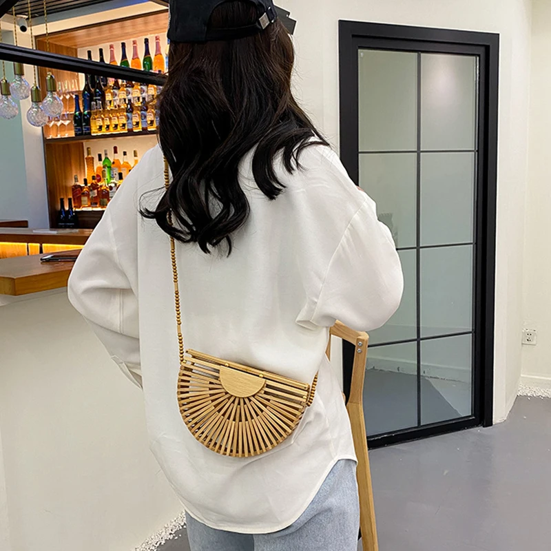 Fashion Design Women Handbag Handmade Bamboo High Quality Half Moon Shoulder Crossbody Bag Summer Beach Woven Straw Phone Purse