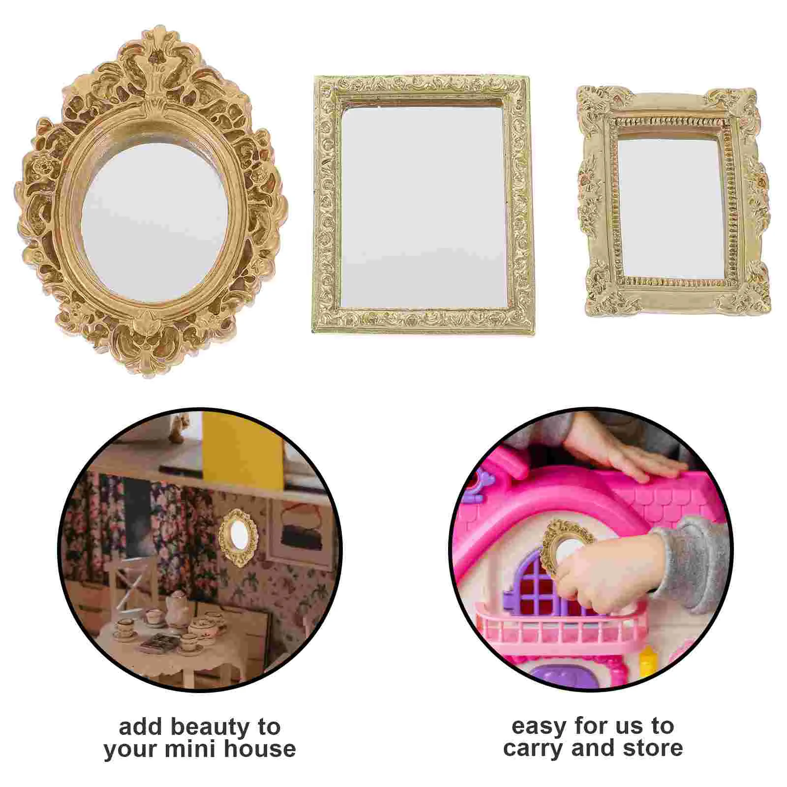 3 Pcs Retro Decor Dollhouse Mirror Gold Mini Decors Plastic Wear-resistant Child Toys