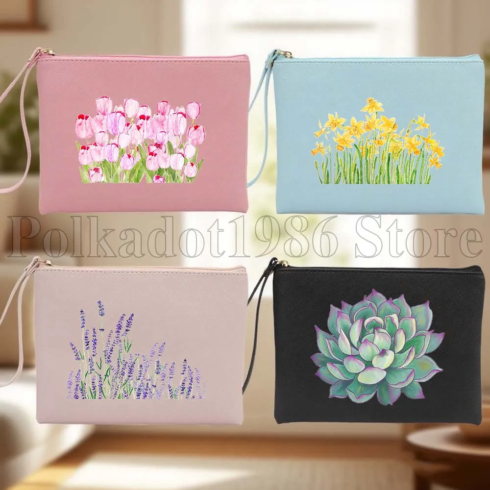 

Тюльпаны, лаванда, камелия, роза, косметичка с цветами, косметичка из искусственной кожи, кошелек, косметичка, водонепроницаемая сумка для хранения туалетных принадлежностей