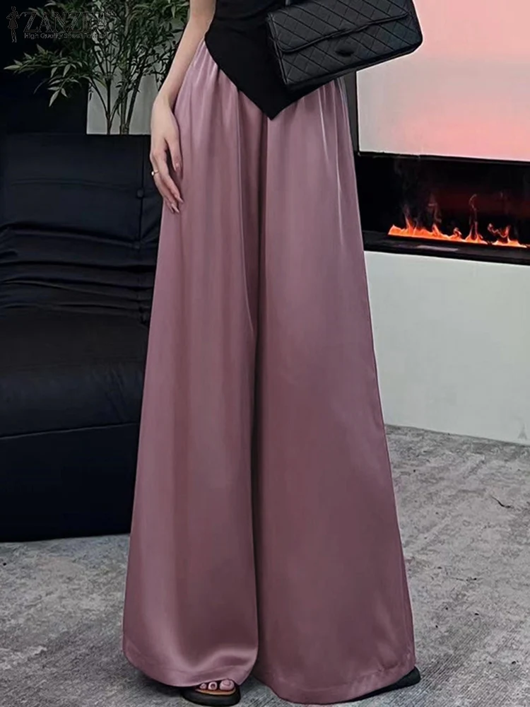 

ZANZEA Elegant High Waist Office Work Pants Women Solid Satin Long Trousers Oversize Loose Palazzo Autumn Wide Leg Pantalon 2024