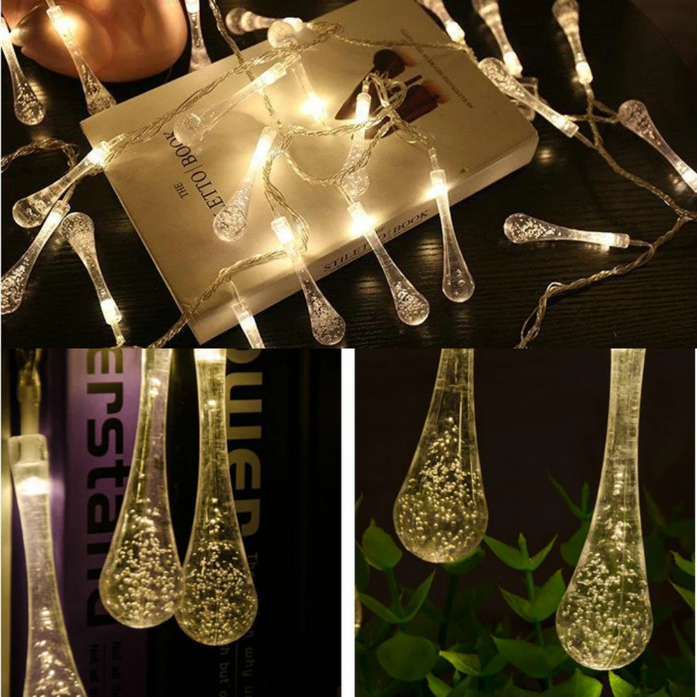 Raindrop LED Light String USB Battery Power 10M Waterproof Teardrop Fairy Lamp Lighting White Warm RGB EU Plug