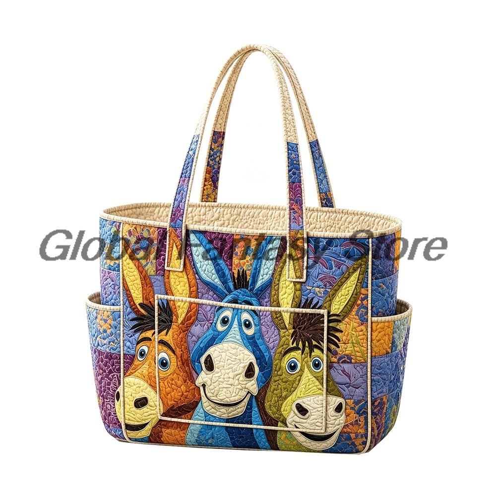Cartoon Donkey Patchwork Art Print Quilted Tote Bag Multiple Pockets Shoulder Handbag Women Daily Shopping Bags