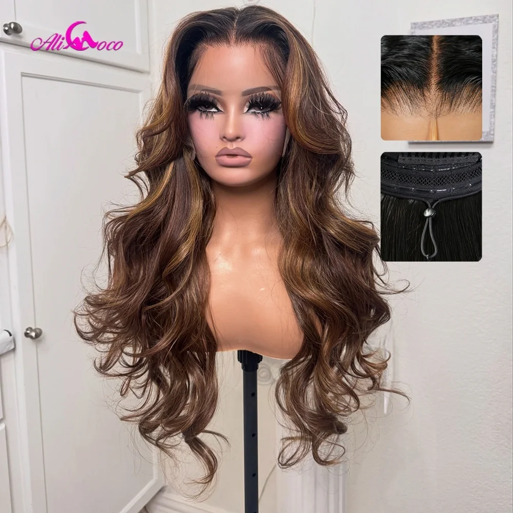 Drawstring Wigs Brown Honey Blonde Highlights Pre-cut Color 4/27 180 Density Glueless Lace Front HD Pre Plucked Real Human Hair