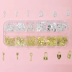 12 Grids Gold Silver Metal Lock Key Nail Charms 3D Bowknot/Love Heart/Flowers Nail Art Rhinestone Manicure Starfish Bow Rivets
