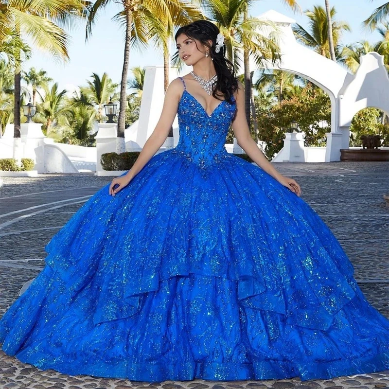 

2024 Blue Quinceanera Dresses Sequin Lace Ball Gown Prom Dresses V-Neck Sweet 16 Dress Long Formal Dress