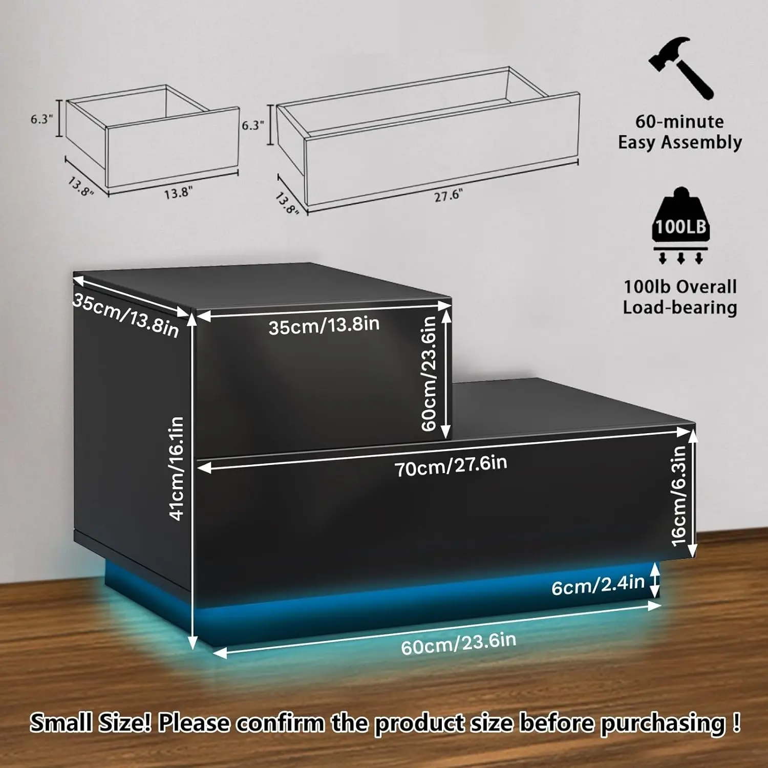 Mesa de cabeceira pequena LED moderna mesa de cabeceira preta de alto brilho com 2 gavetas mesa de cabeceira com aba lateral de luz