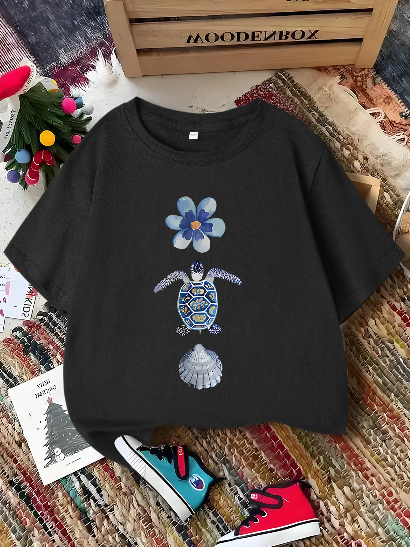 Ocean Turtle Flower Shell Art Print Tee Boys Girls Family Matching Short Sleeve Soft Breathable Parent Child Daily Comfort Tops