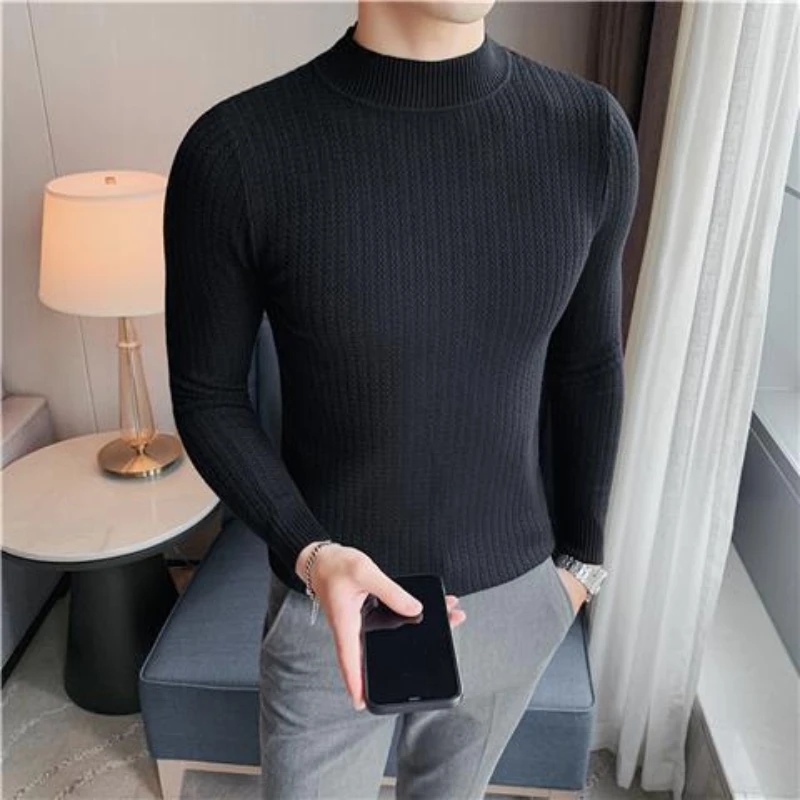 

Trend Fashion Autumn Winter Sweaters Men Solid Mock Neck Thicken Smart Casual Long Sleeve Pullovers Bottoming Shirt Knitted Tops