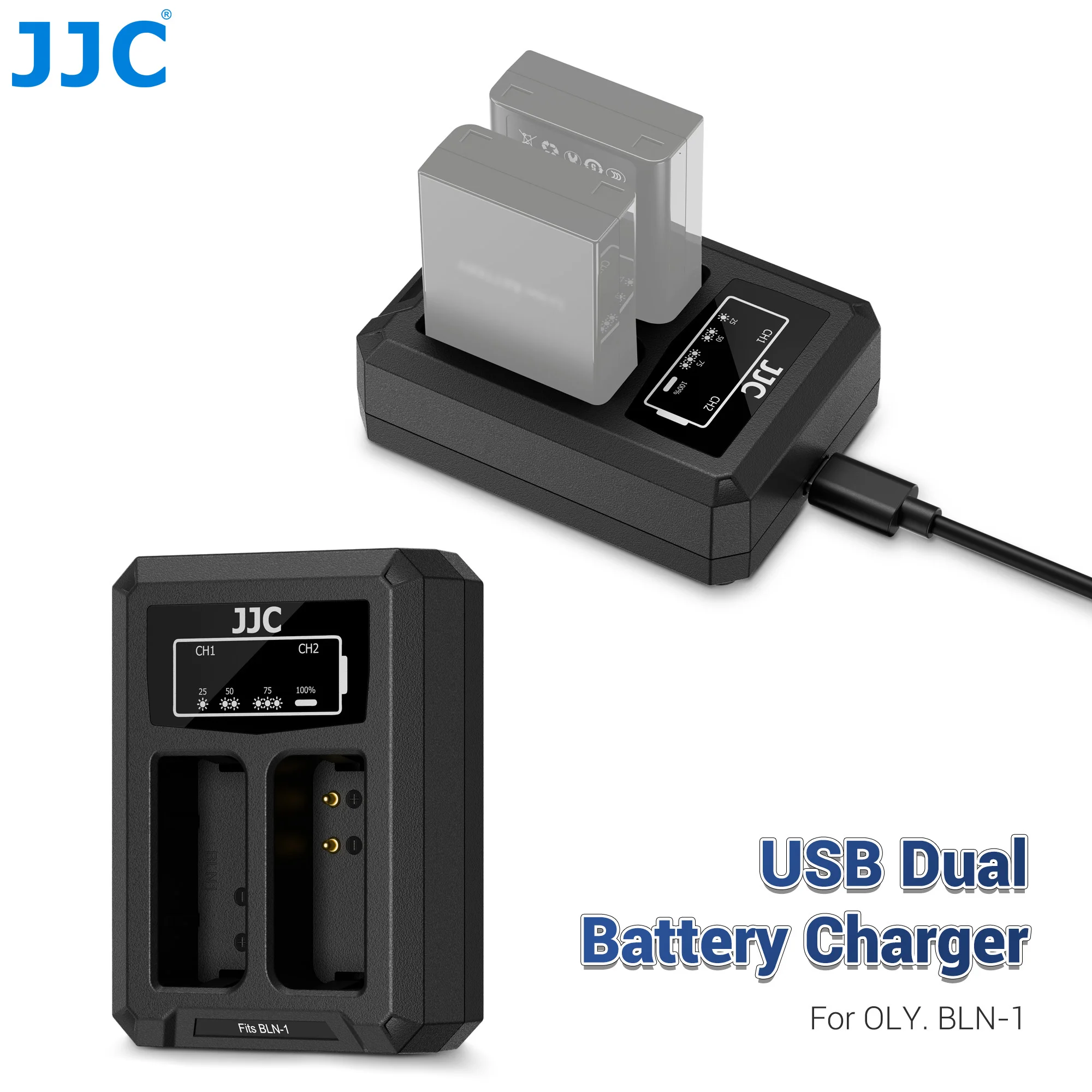Cargador de Batería USB Tipo C JJC para Cámara Olympus OM-D E-M1 EM 1 EM-5 EM 5 Mark II Olympus Pen-F Pen E-P5 BLN-1