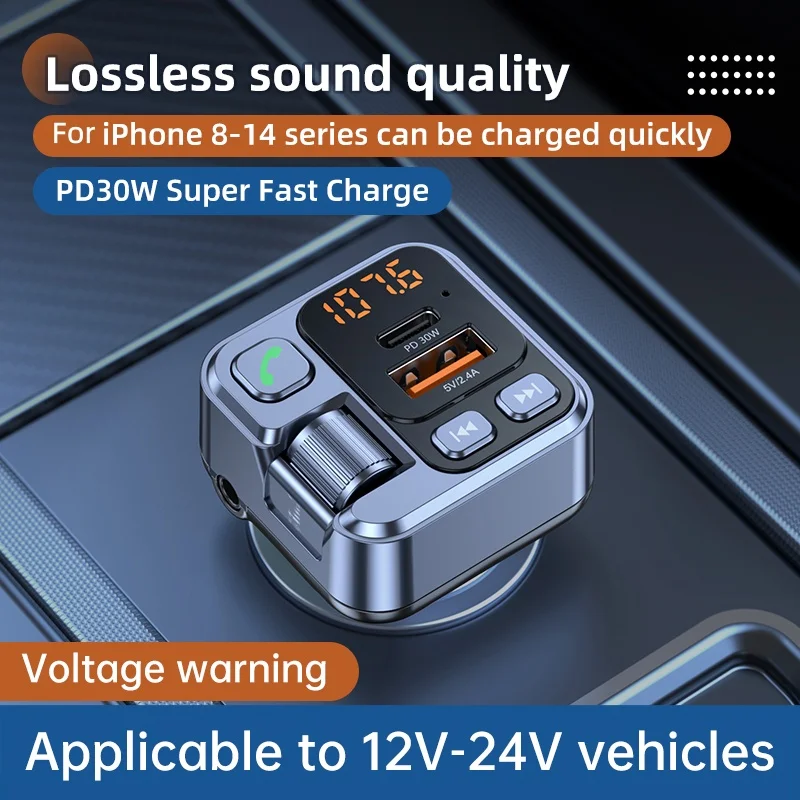 Car Bluetooth FM Transmitter for iPhone Samsung Radio Adapter Hands-Free Calling MP3 Player Dual USB Charger PD30W 12V-24V