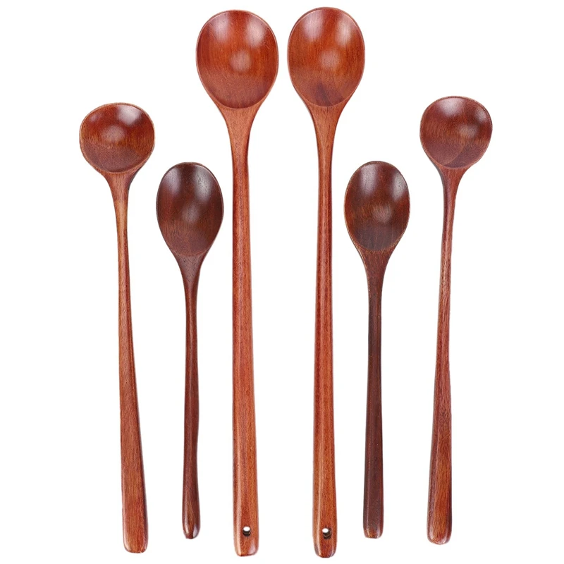 6 Pieces Wooden Spoons Kitchen Serving Long Handle Soup Spoons Cooking Tasting Spoons For Eating Mixing Stirring