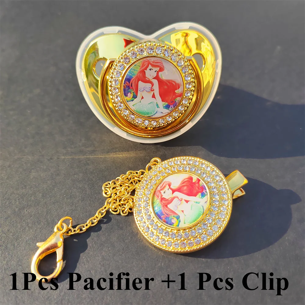 Ariel Princess Cute Baby Girl Teether Nipple and Gold Chain Stitch Kawaii Luxury Pacifier Clip Bling Hot Sale BPA Free Pacifiers