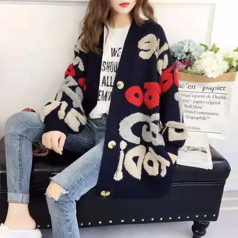 Autumn Winter Sweater Retro V-neck Diamond Striped Women Knit Cardigan Coat Oversized Thick Sweater