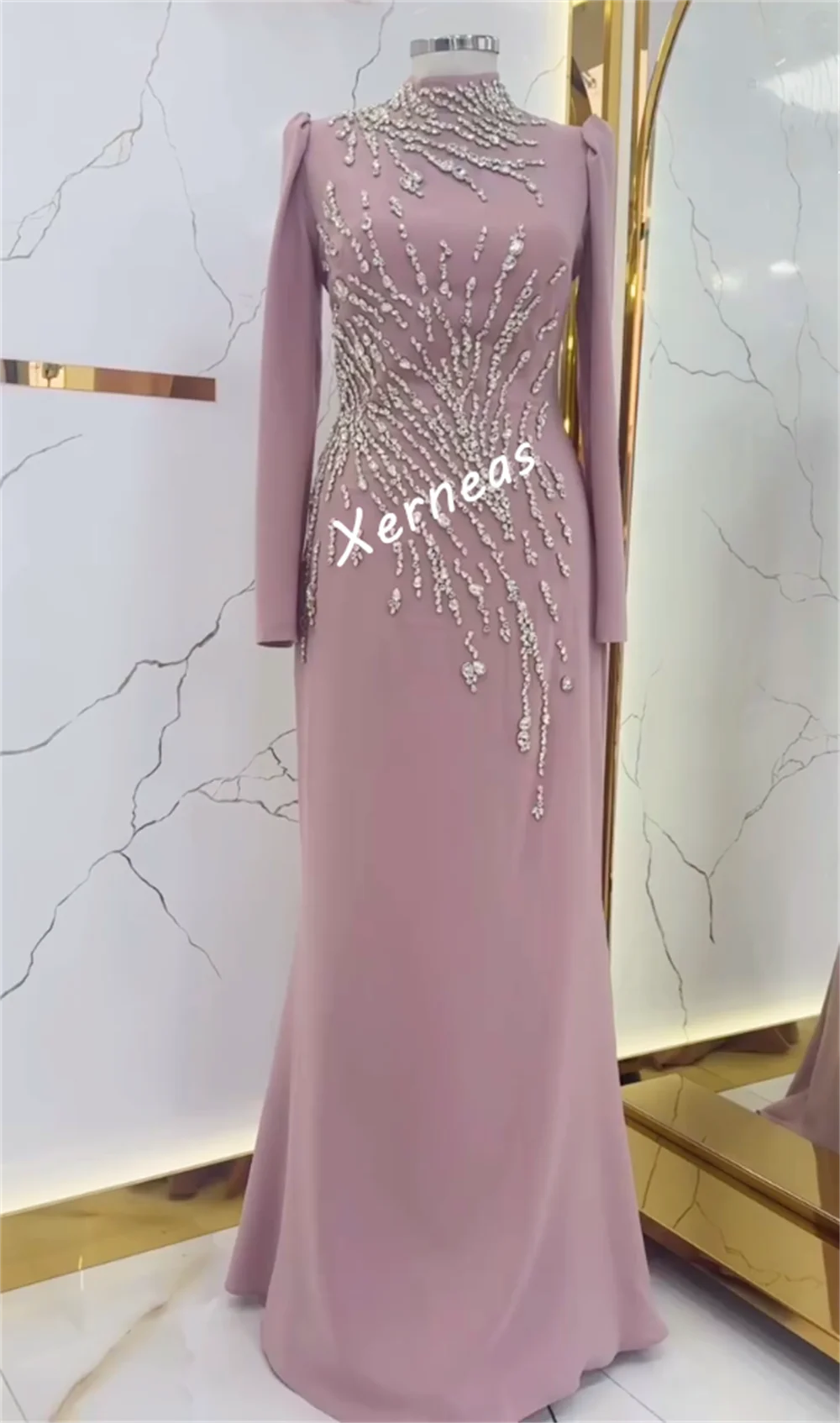 Personalizado de alta qualidade festa à noite strass brilho sob medida ocasião clássico elegante gola alta trompete vestidos longos