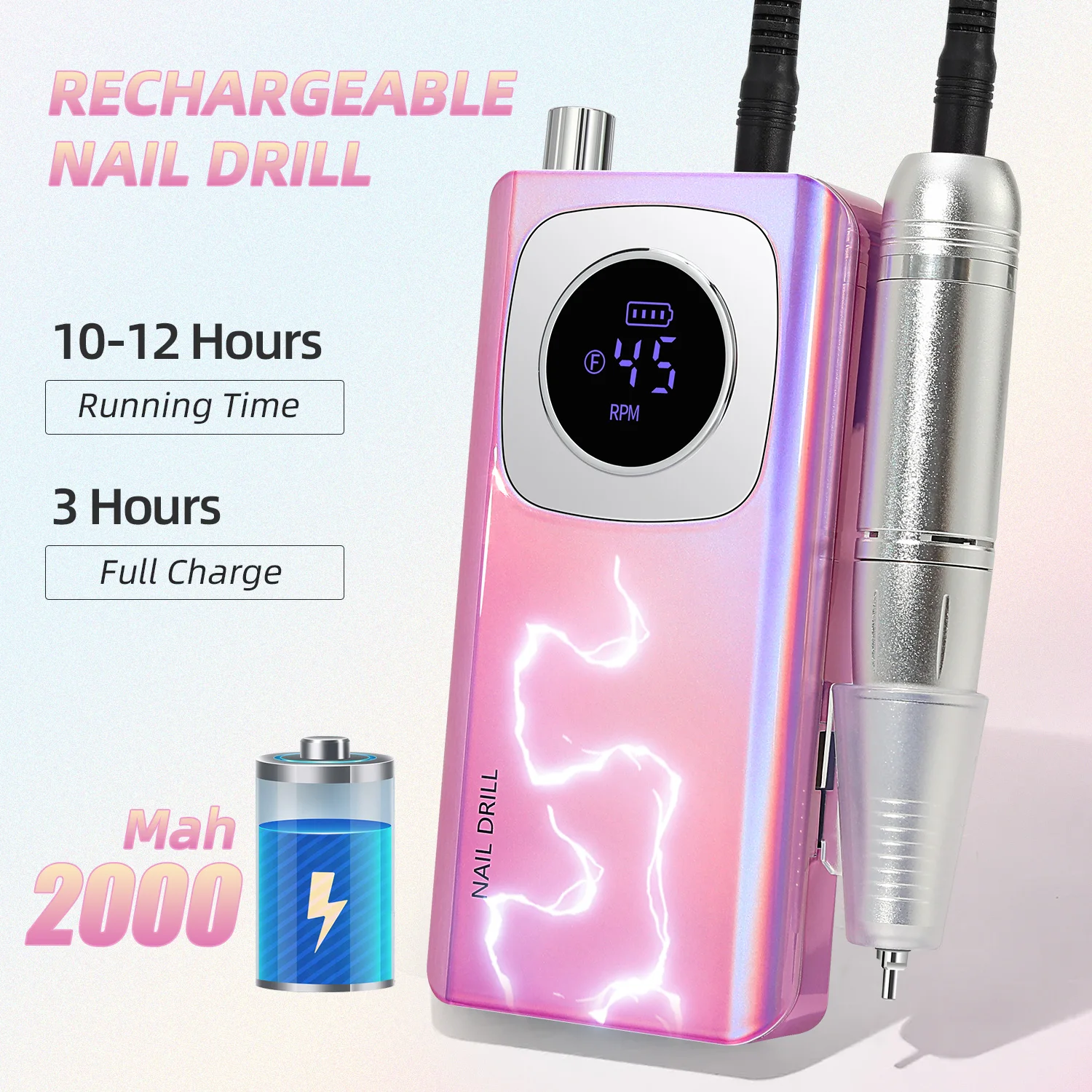 High Speed 45000RPM Rechargeable Nail Drill Machine with LCD Low Noise Professional Nail Polish Sander Nails Accessories Set