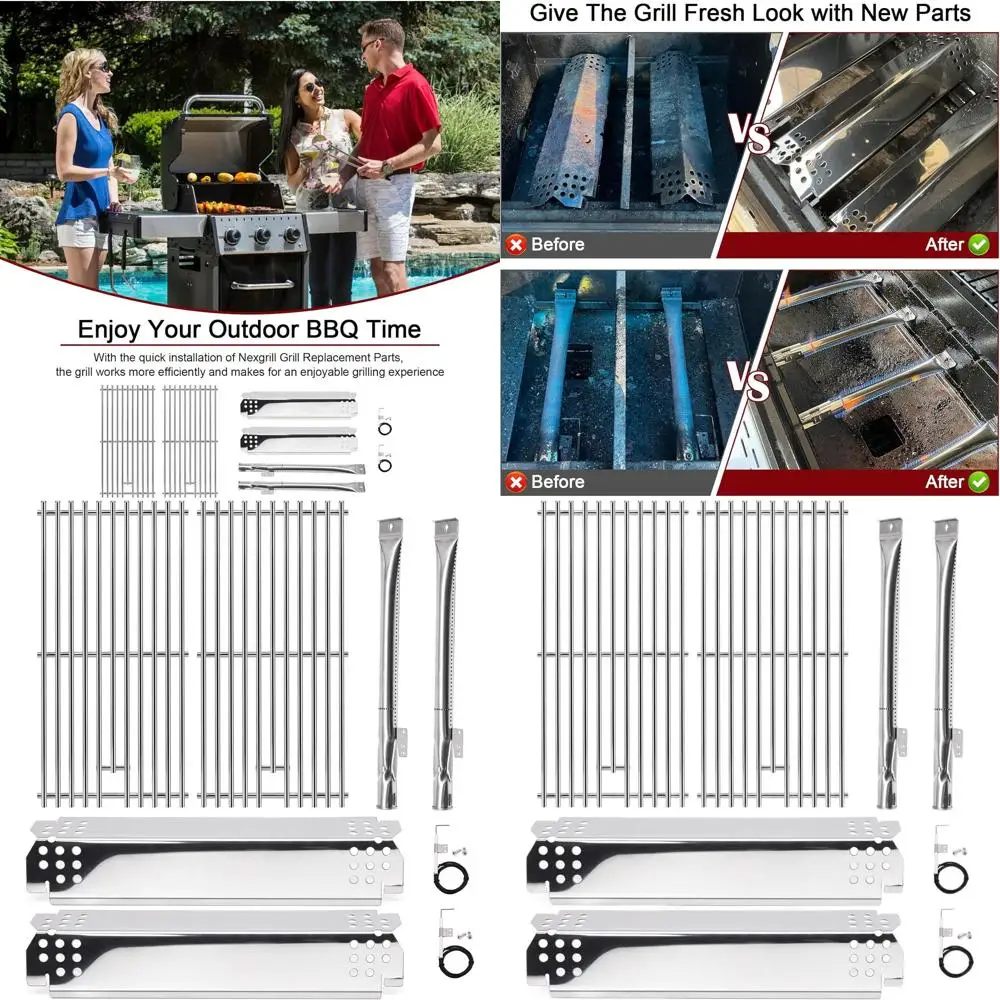 

Запасные части для гриля с двумя конфорками: решетки для приготовления пищи, нагревательные пластины, трубки горелок, воспламенители.