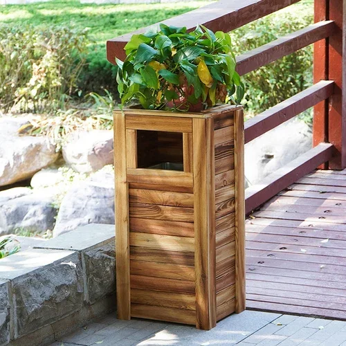 Outdoor Solid Wood Trash Can Park Scenic Spot Community Sanitation Ash Bucket Carbonized Wood Anti-Corrosion Trash Can