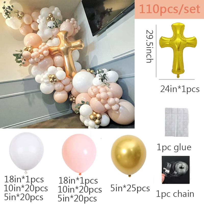 Baptism Pink White Balloon Garland Mon Baptême Christening Cross Balloons for Baby First Communion Baby Shower Party Backdrop