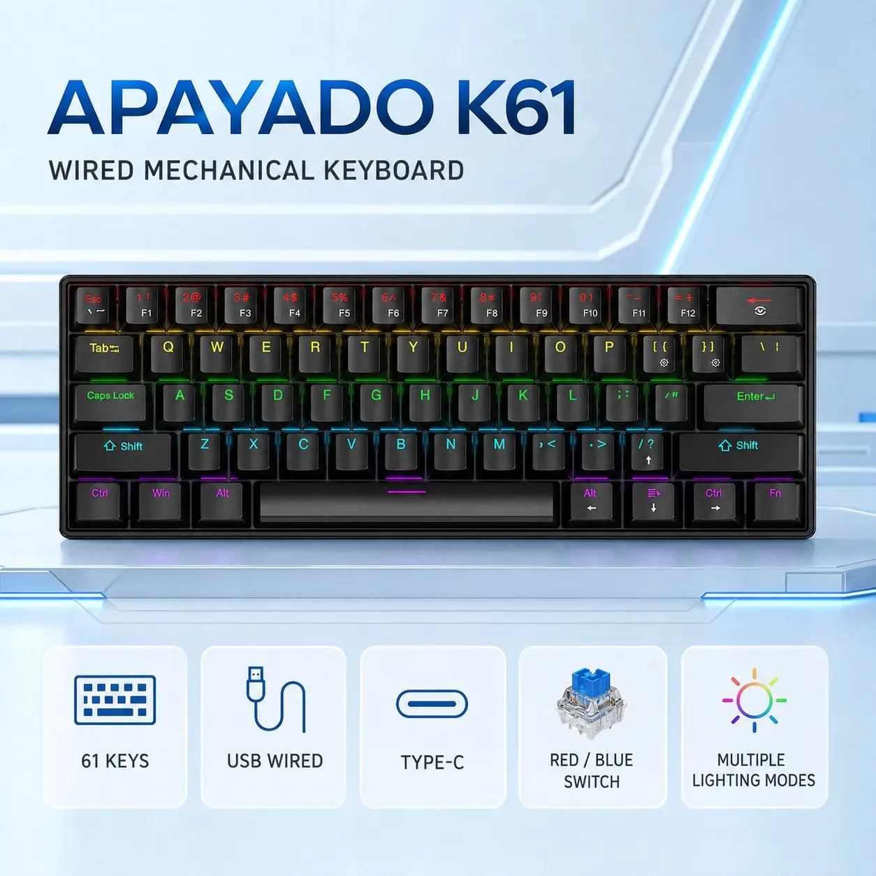 Teclado Mecânico Mini com Fio, 61 Teclas, 60% do Tamanho, Plug and Play Tipo-C, Switches Azuis e Vermelhos, RGB, Anti-Ghosting para PC