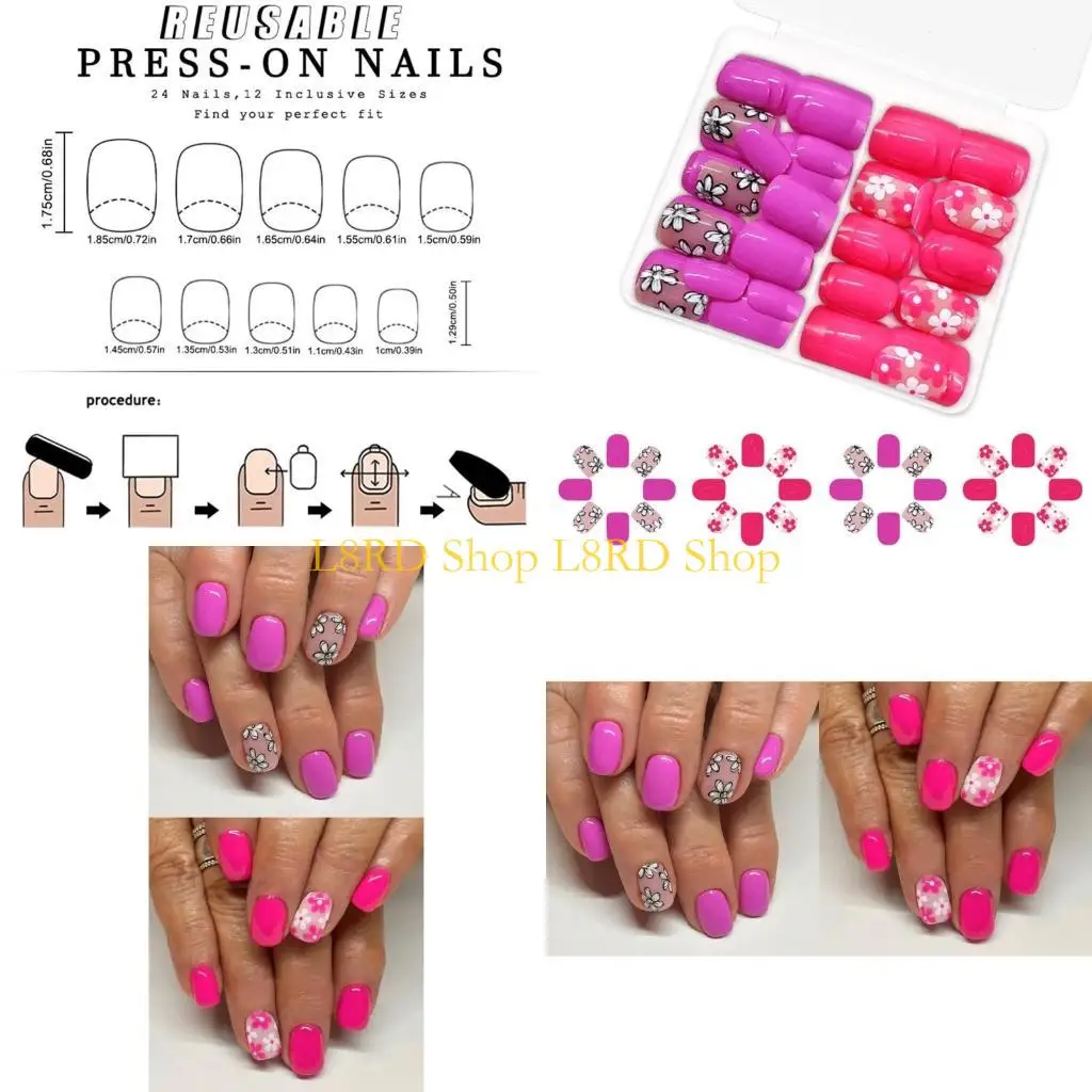 

L8RD Square Tips Flower Fake Glues On On Press On Artificial False for Womens and Girls