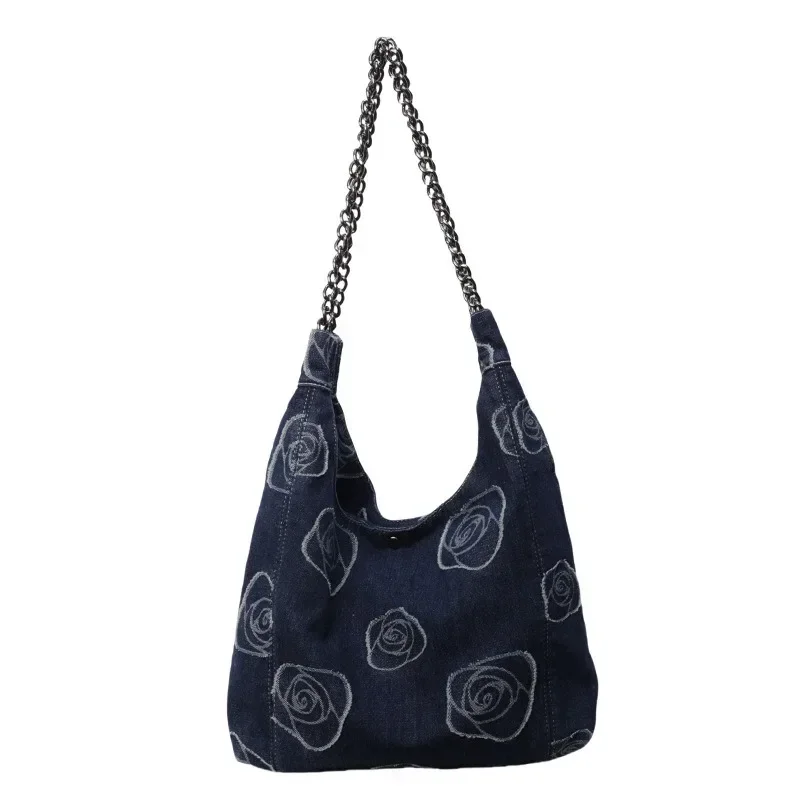 

2025 Latest Rose Denim Drawstring Bag Bohemian Style Crossbody Shoulder Bag with Dopamine Chain for Shopping and Vacations