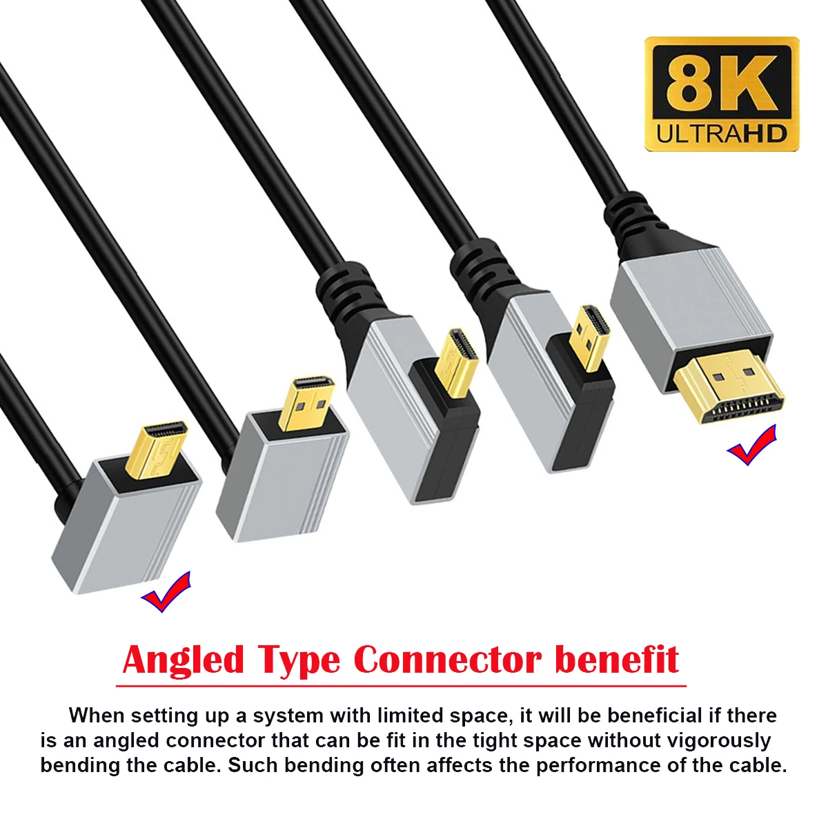 Cablecc Mini HDMI 2.1 Ultra Thin HDTV Cable Up Angled Hyper Super Flexible Slim Cord 8K 4K Type-A to Type-C for HDTV Camera