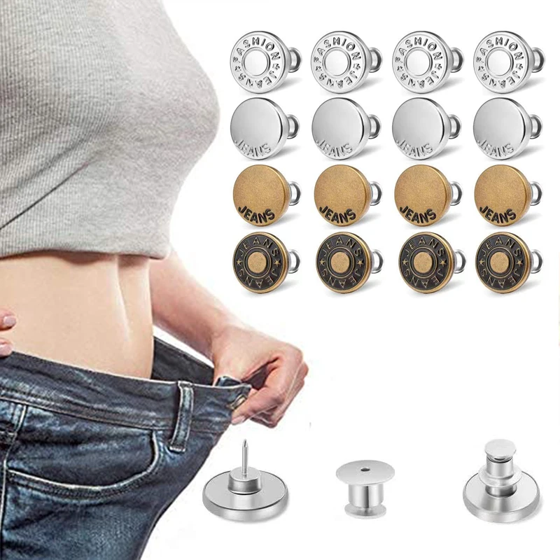 16pcs Jeans Buttons Detachable Metal Button Snap Fastener Pants Jeans Sewing-Free Buckles Nailless Waist Adjuster Screwdriver