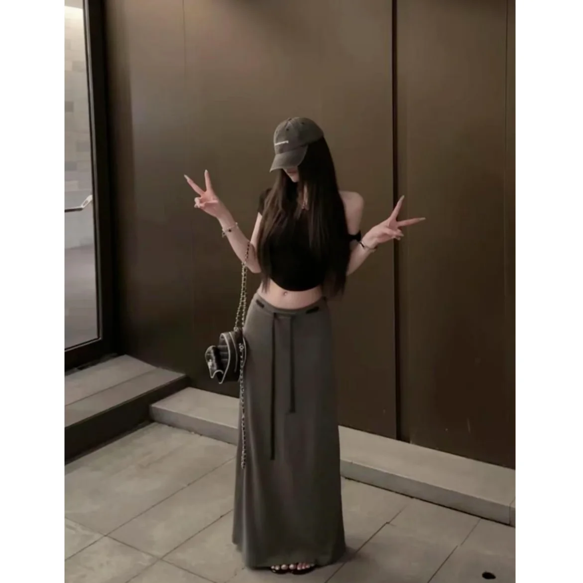 Faionable Gonna a vita alta al ginocchio per donna Primavera Estate Nuova gonna dimagrante Sle coreana Sle Dstring