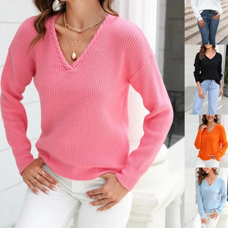 

Women Crochet Kintted Sweater V-neck Pink Y2k Top Long Sleeve Pullovers Spring Autumn Winter Jumper Streetwear Sueter Mujerer