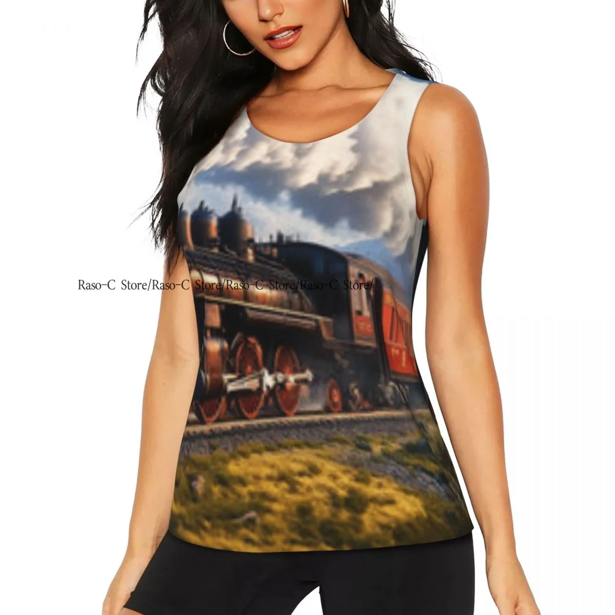المرأة بلا أكمام اليوغا تانك الأعلى خمر قطار البخار السفر المناظر الطبيعية الجبلية سريعة الجافة تشغيل سترة رياضية قمصان اليوغا