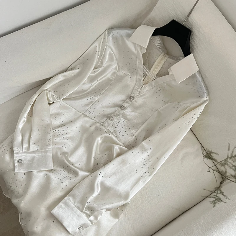Zip-up shirts jurk elegante lange mouw Koreaanse mode satijnen jurk vrouwelijke 2026 nieuwe lente herfst kralen korte jurk vestidos