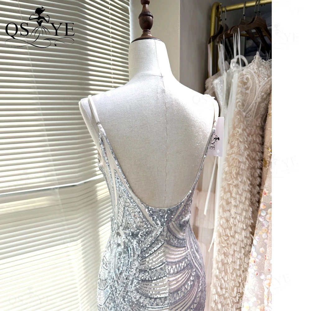 السباغيتي الأشرطة الخامس الرقبة الترتر الفضة حفلة موسيقية فساتين كامل حورية البحر نمط الدانتيل ثوب مسائي حزب عارية الذراعين صالح فستان فضي رسمي